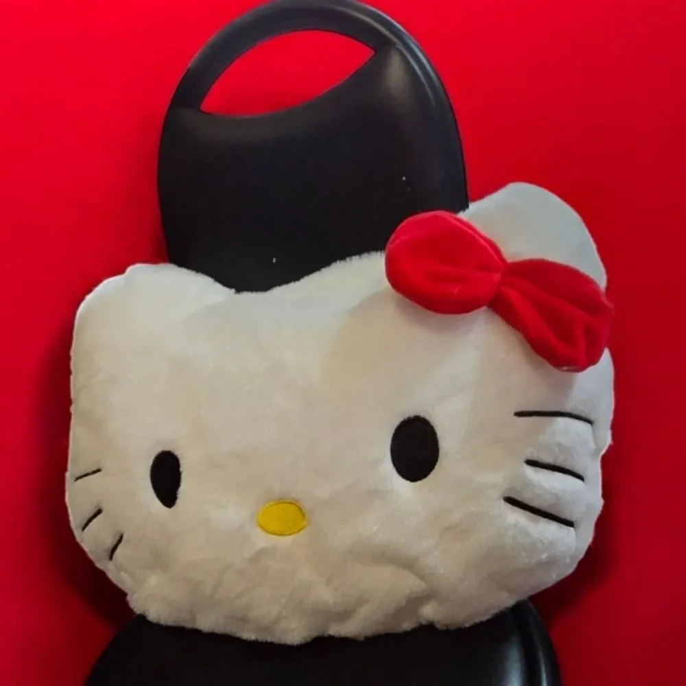 Hello Kitty Plush Faux Fur Throw Pillow White Cat Face Red Bow 13